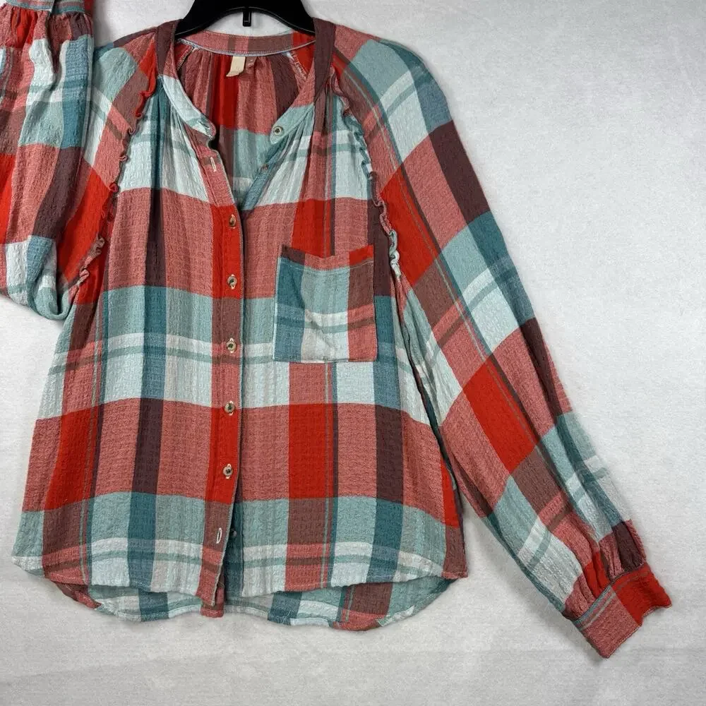 Anthropologie Pilcro Breezy Button down Plaid Blouse Women Medium Red Oversized - Picture 6 of 13